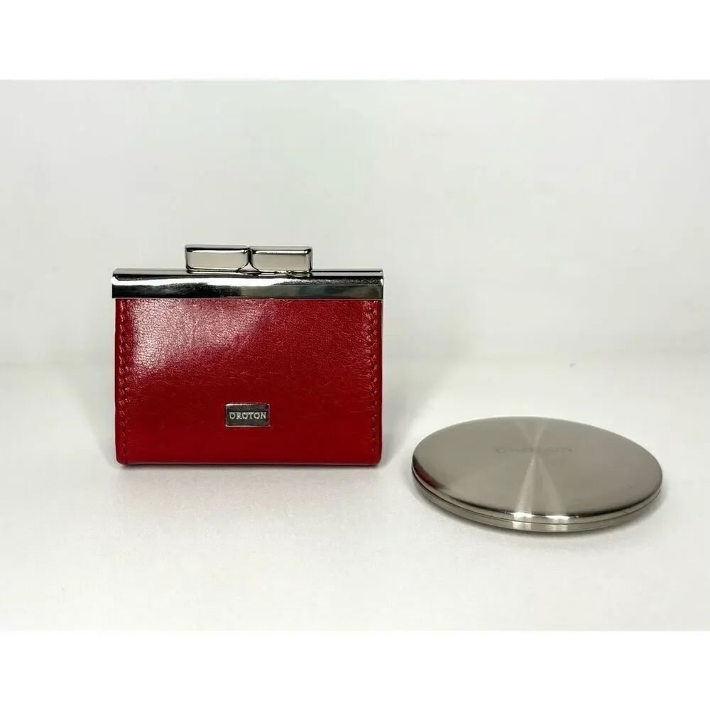 Oroton Kisslock Coin ChangeβPurse Red Leather and Silver Mirror New Vintage